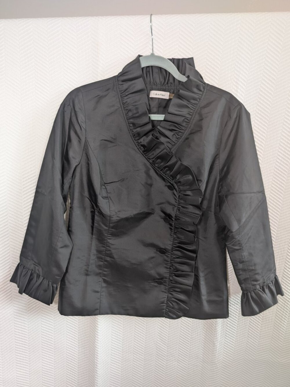 Calvin Klein Black Ruffle Trim Lightweight Jacket Evening Size Large